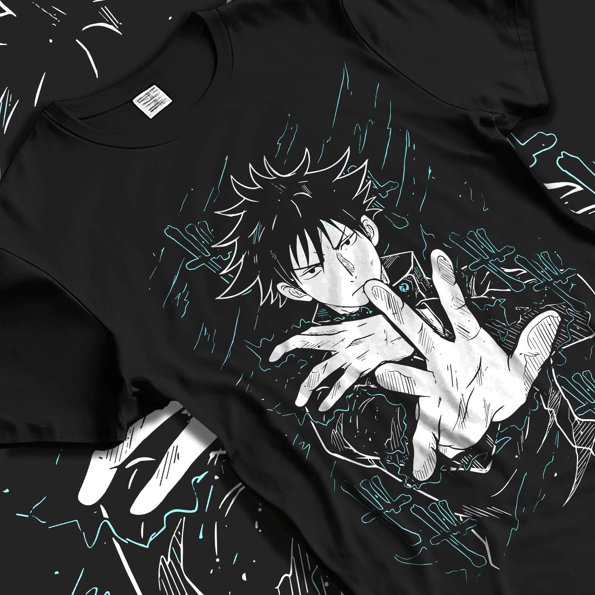 Black T-shirt laid flat with natural folds with Megumi Fushiguro Hoodie Jujutsu Kaisen Shadows graphic premium wear.