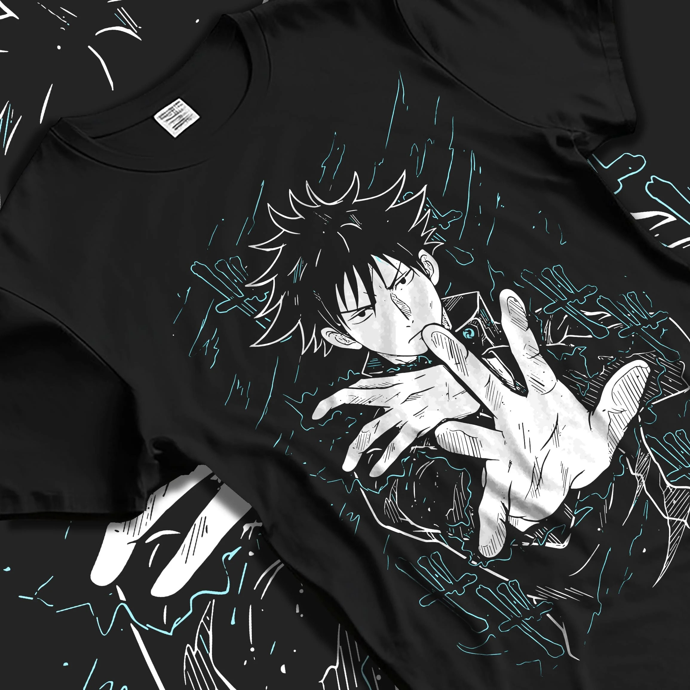 Black T-shirt laid flat with natural folds with Megumi Fushiguro Hoodie Jujutsu Kaisen Shadows graphic premium wear.