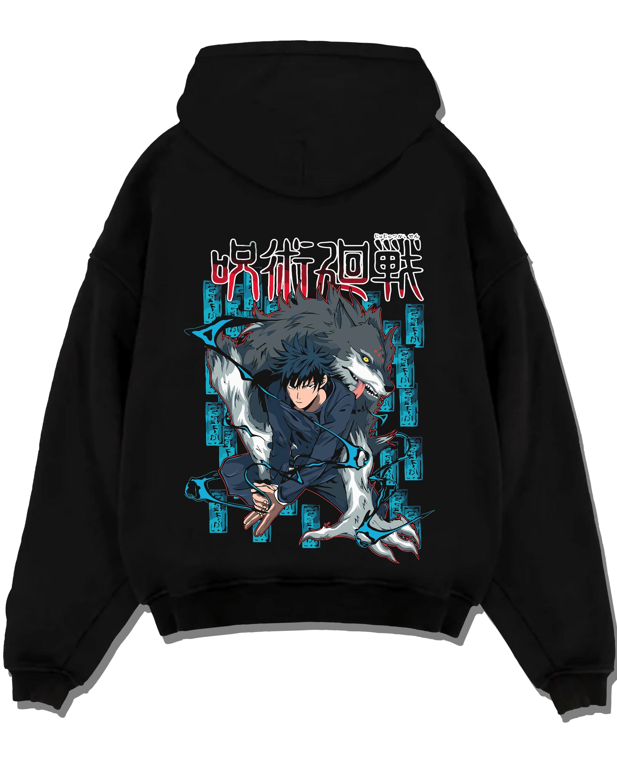 Black pullover hoodie laid flat with Megumi Fushiguro Hoodie Jujutsu Kaisen Shikigami graphic streetwear graphic.