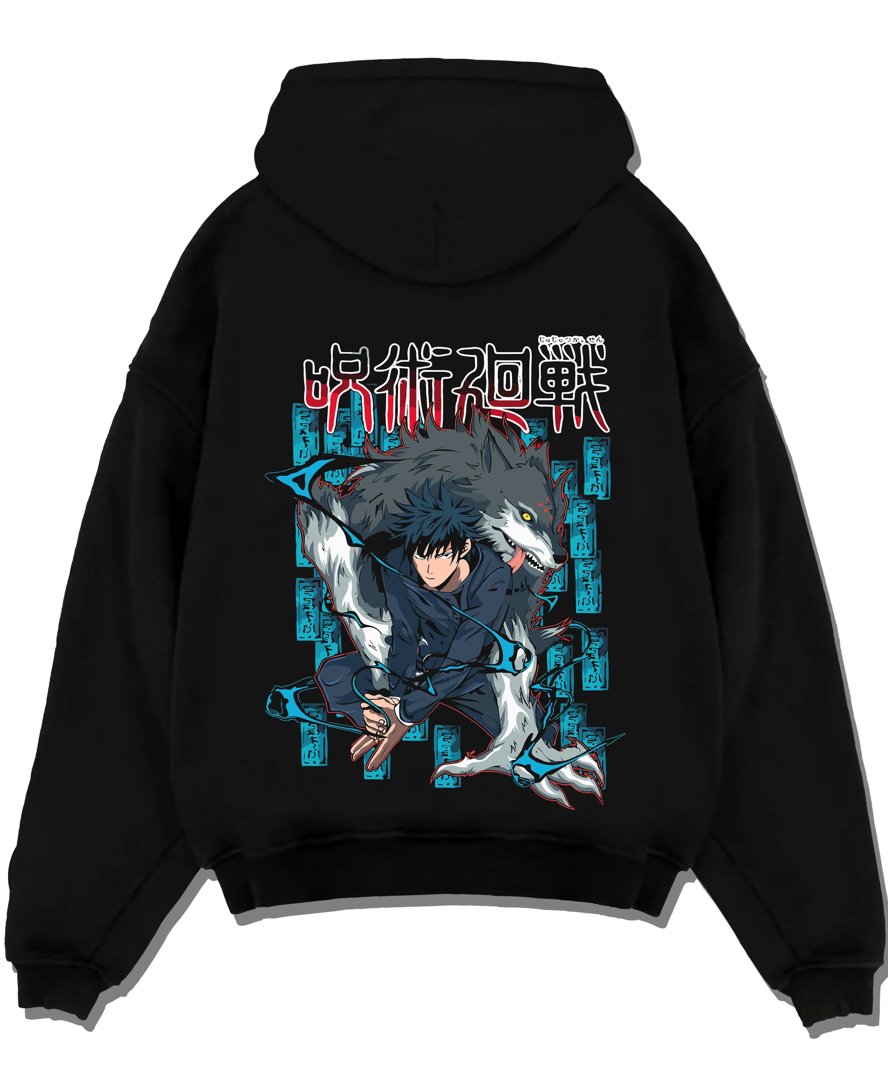 Black pullover hoodie laid flat with Megumi Fushiguro Hoodie Jujutsu Kaisen Shikigami graphic streetwear graphic.