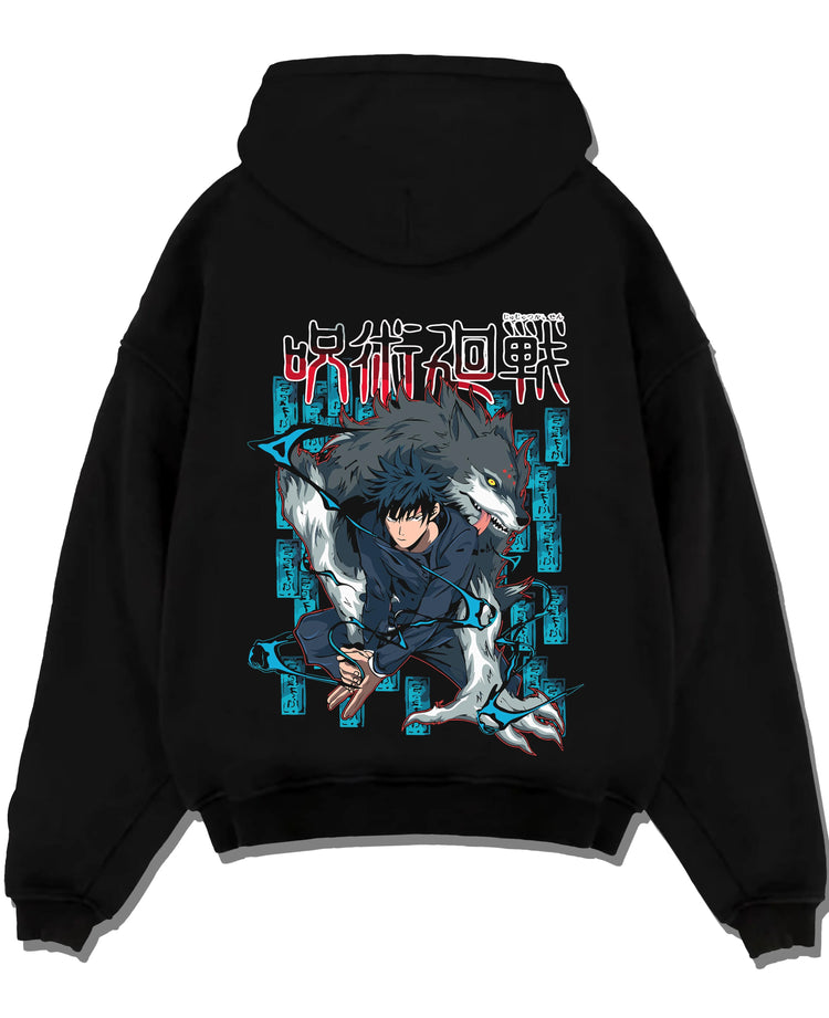 Black pullover hoodie laid flat with Megumi Fushiguro Hoodie Jujutsu Kaisen Shikigami graphic streetwear graphic.