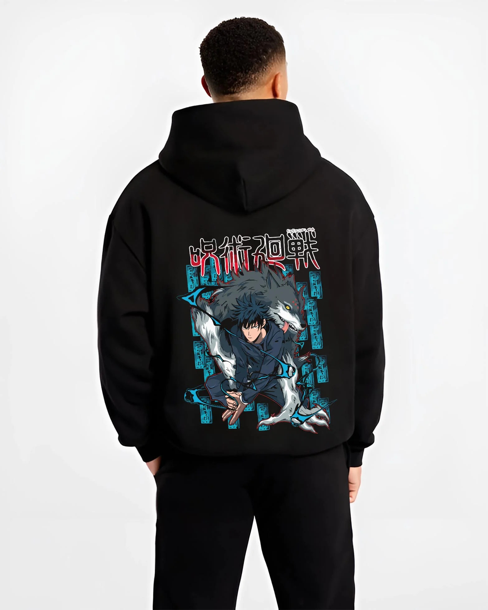 Black hoodie worn by male model, back view with Megumi Fushiguro Hoodie Jujutsu Kaisen Shikigami graphic premium wear.