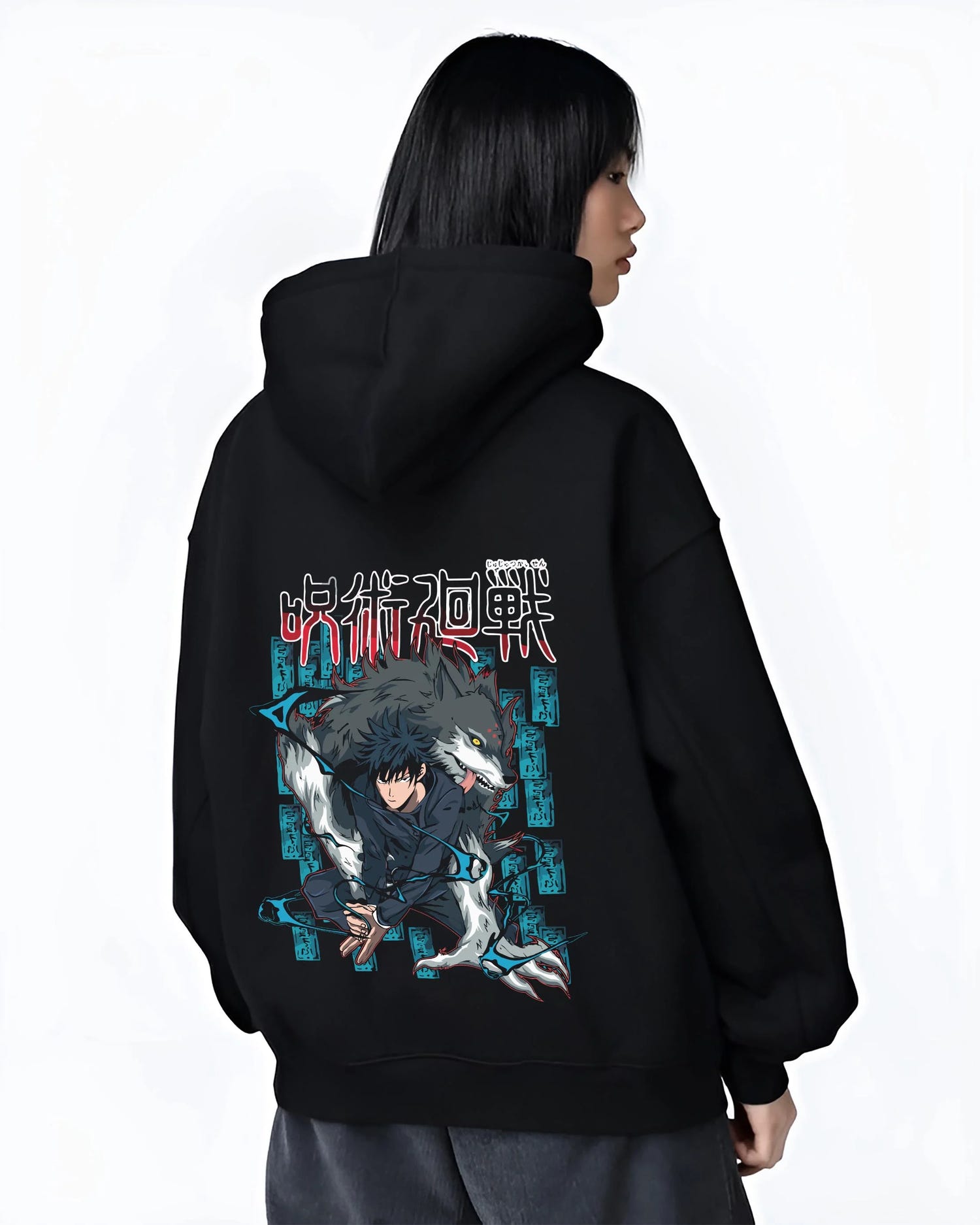 Black hoodie worn by female model, back view with Megumi Fushiguro Hoodie Jujutsu Kaisen Shikigami graphic premium wear.