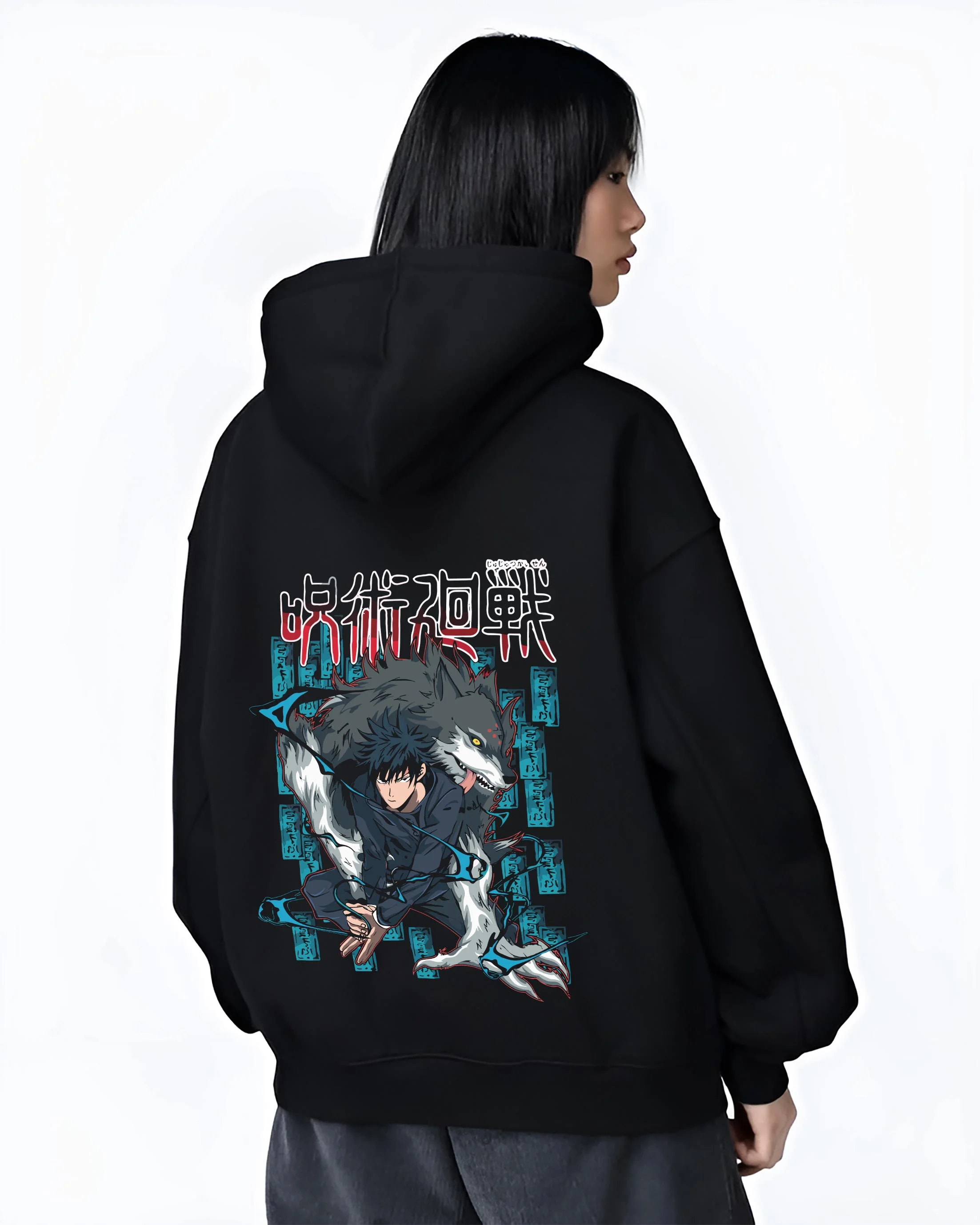 Black hoodie worn by female model, back view with Megumi Fushiguro Hoodie Jujutsu Kaisen Shikigami graphic premium wear.