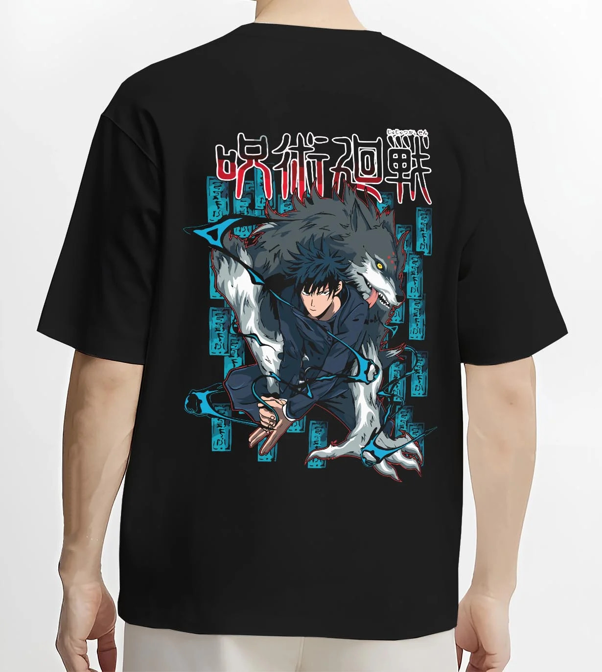 Black T-shirt worn by male model, back view with Megumi Fushiguro Hoodie Jujutsu Kaisen Shikigami graphic streetwear graphic.