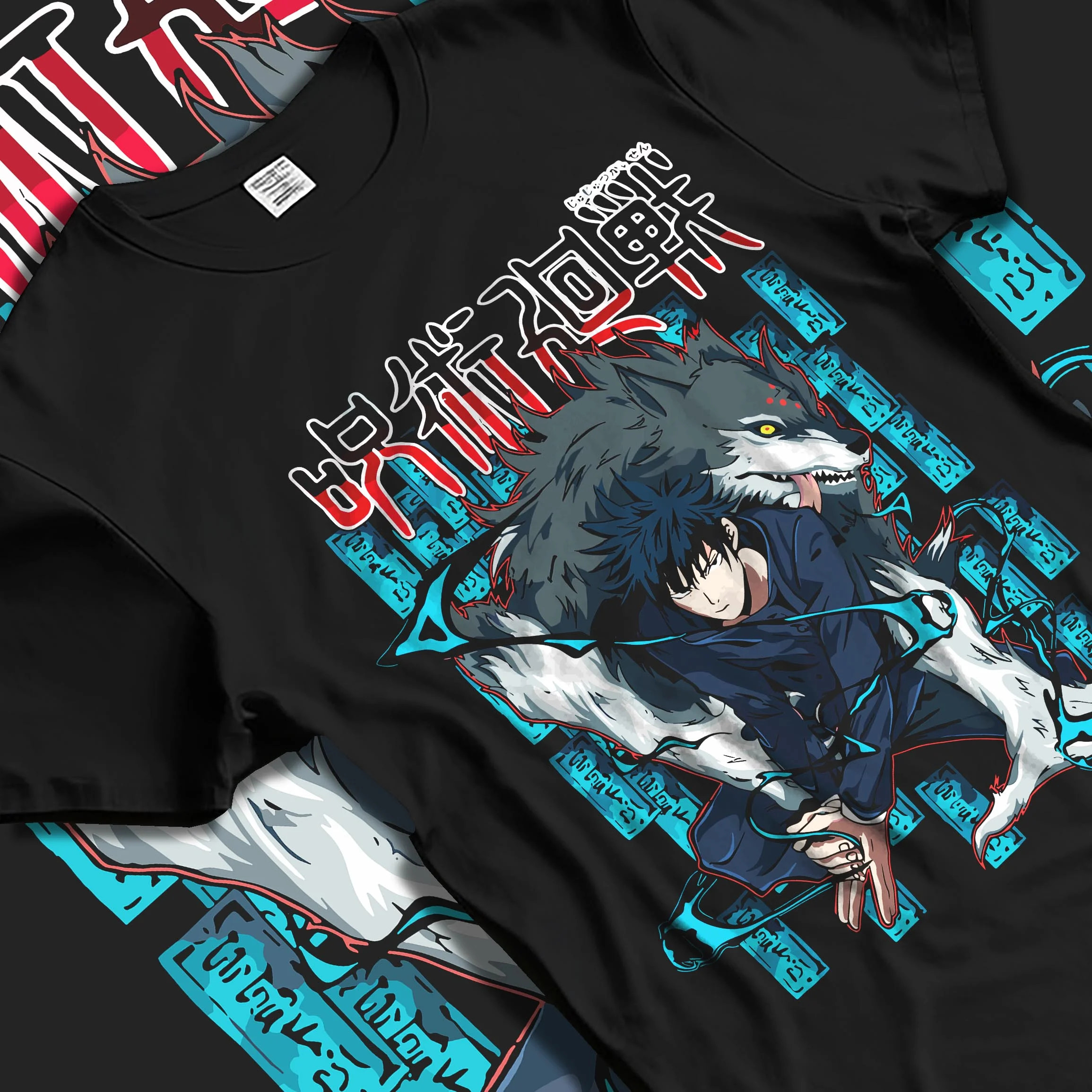 Black T-shirt laid flat with natural folds with Megumi Fushiguro Hoodie Jujutsu Kaisen Shikigami graphic premium wear.