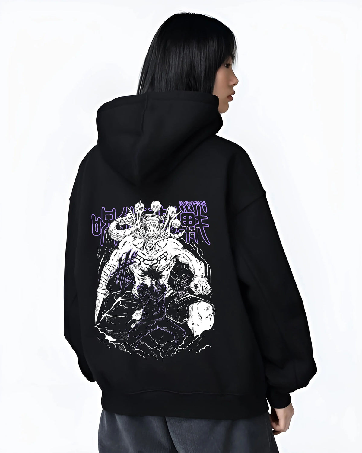 Black hoodie female model back view showing Megumi Fushiguro / Mahoraga from Jujutsu Kaisen: summoning scene