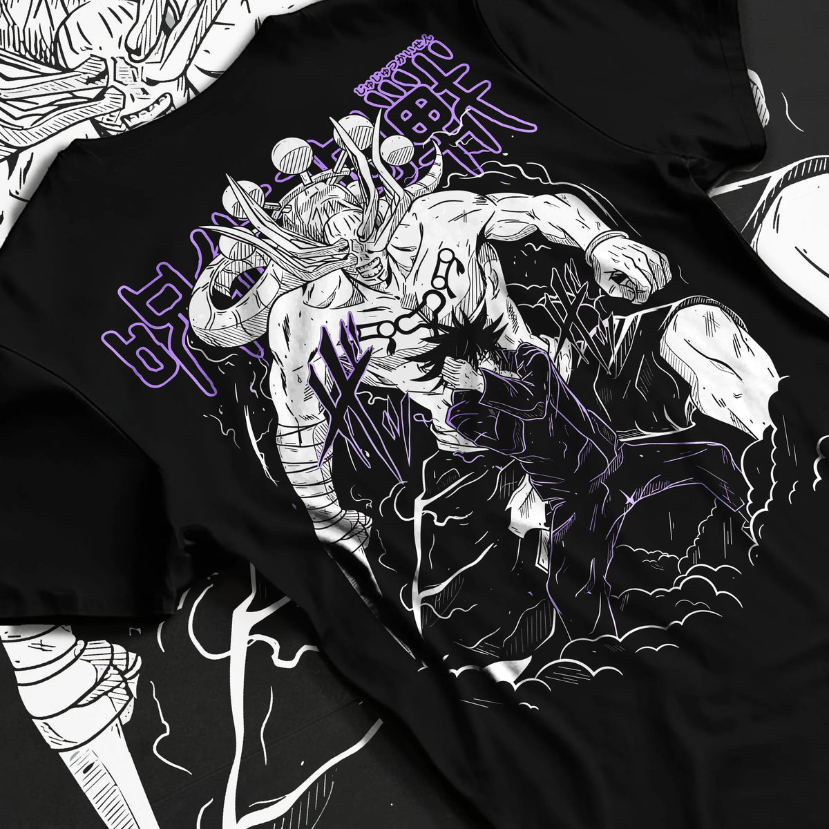Black T-shirt flat back view showing Megumi Fushiguro / Mahoraga from Jujutsu Kaisen: summoning scene