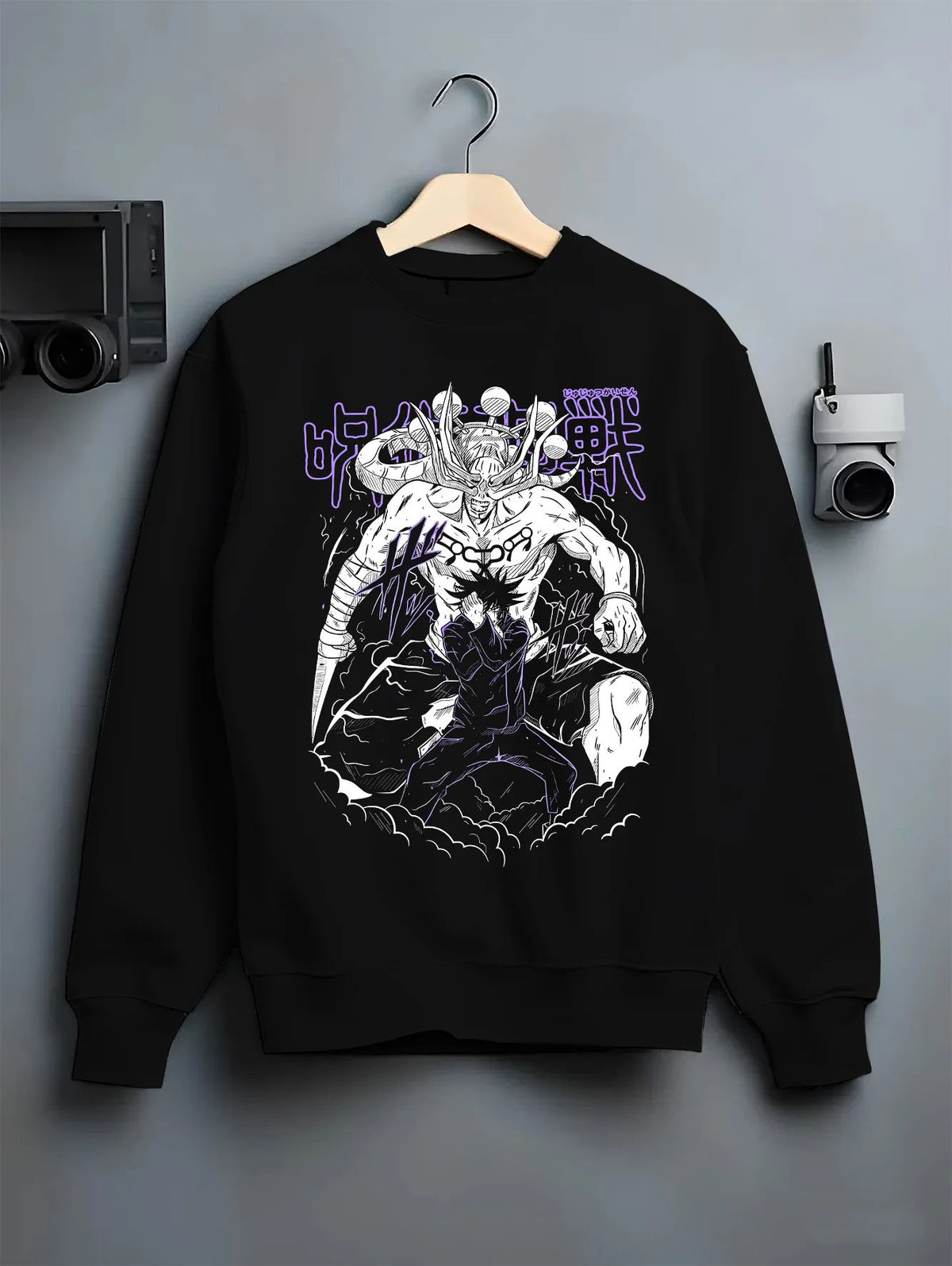 Black crewneck sweatshirt on hanger showing Megumi Fushiguro / Mahoraga from Jujutsu Kaisen: summoning scene