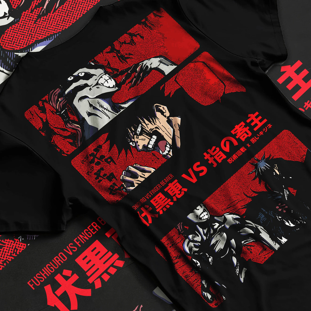 Black T-shirt flat back view showing Megumi Fushiguro from Jujutsu Kaisen: battle with the Finger Bearer cursed spirit