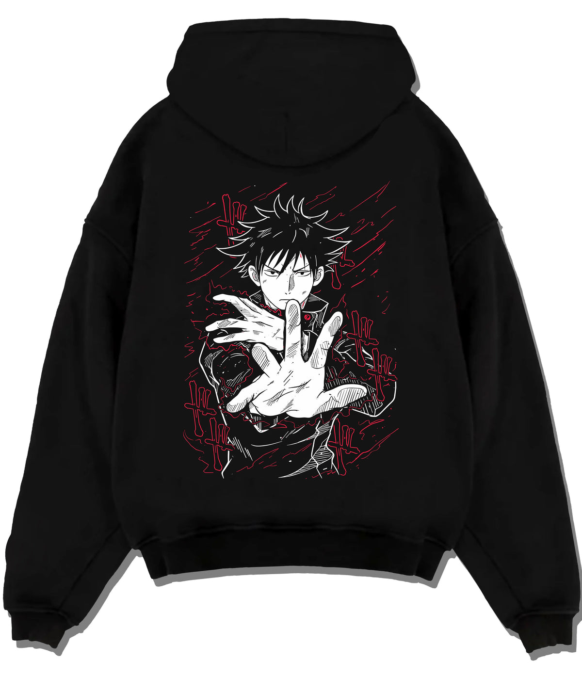 Black hoodie flat back view showing Megumi Fushiguro from Jujutsu Kaisen: Ten Shadows hand sign