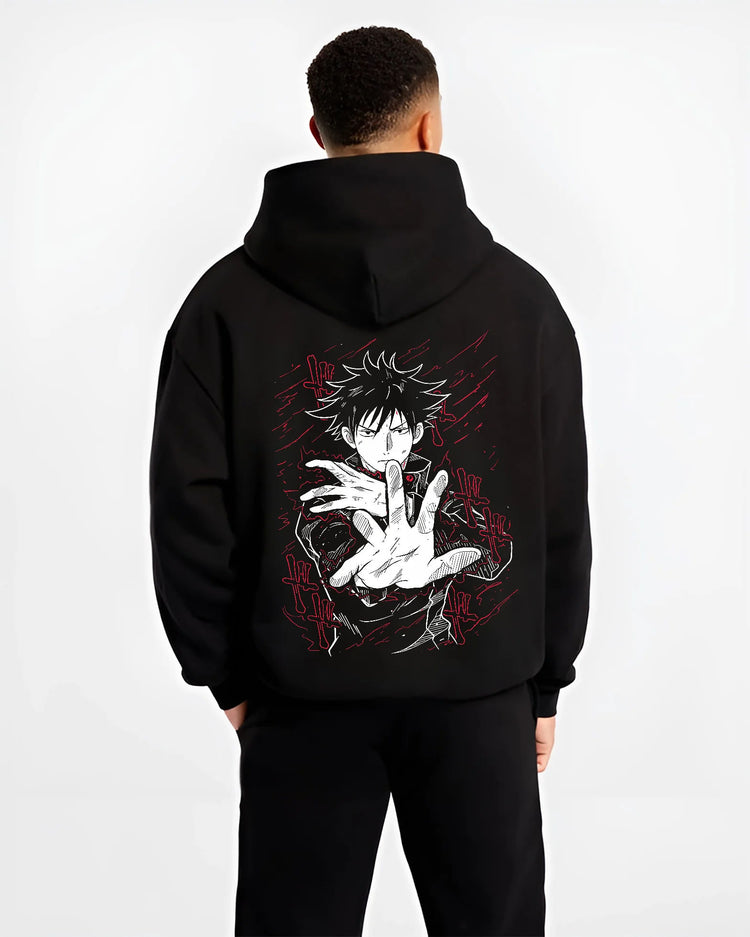 Black hoodie model back view showing Megumi Fushiguro from Jujutsu Kaisen: Ten Shadows hand sign