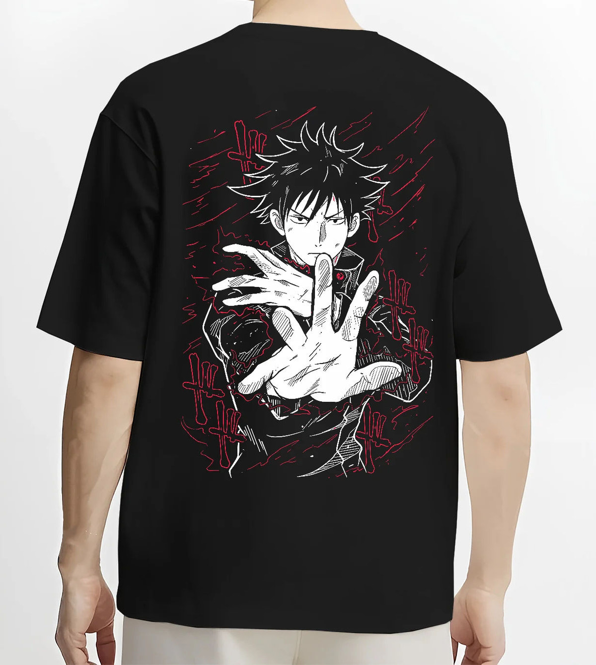 Black T-shirt model back view showing Megumi Fushiguro from Jujutsu Kaisen: Ten Shadows hand sign