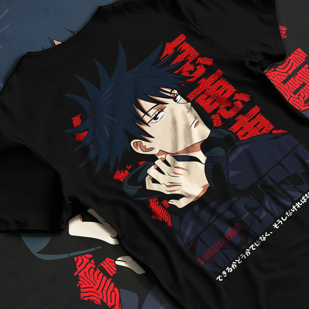 Black T-shirt flat back view showing Megumi Fushiguro from Jujutsu Kaisen: dark-haired portrait
