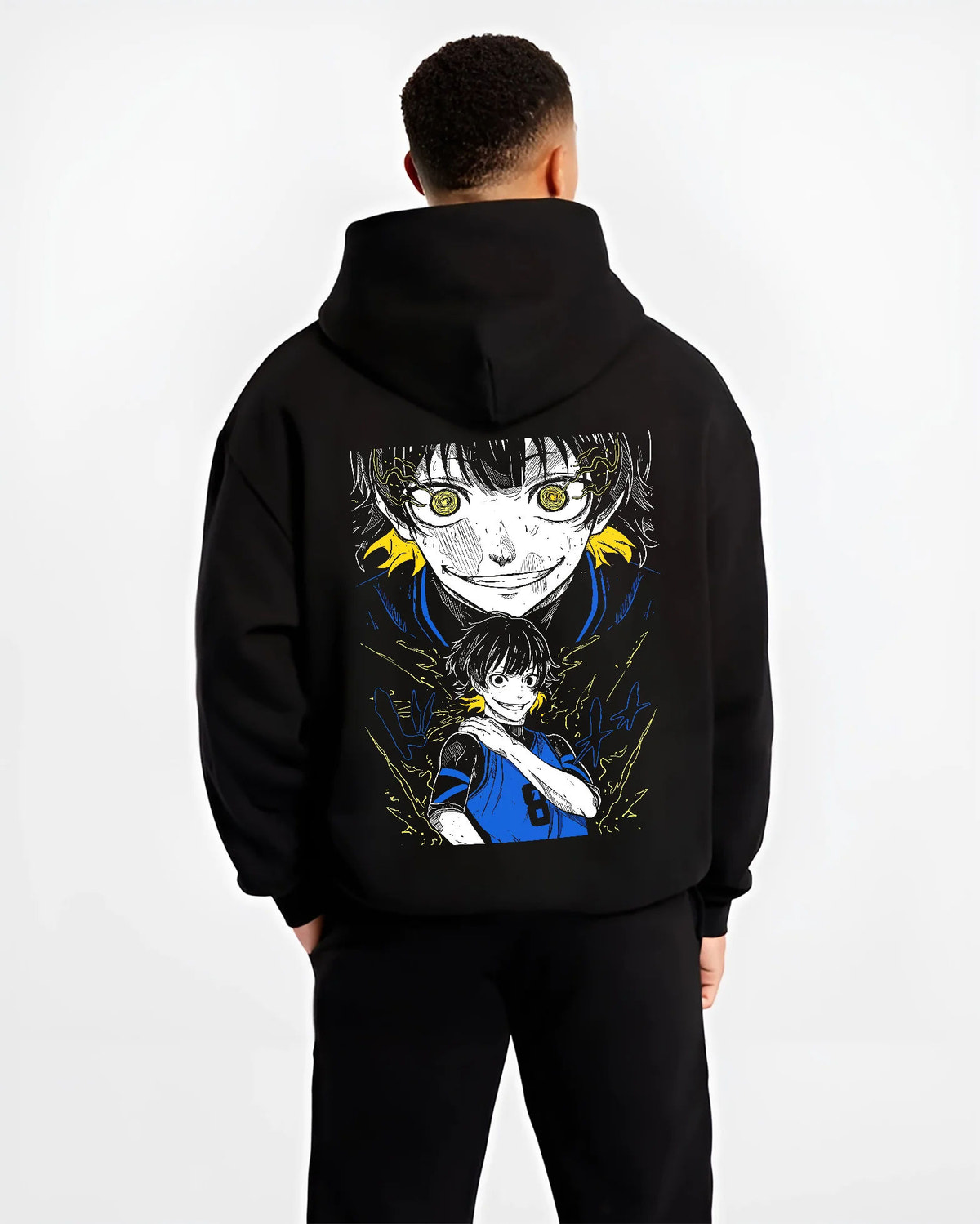 Black hoodie model back view showing Meguru Bachira from Blue Lock: Blue Lock portrait collage