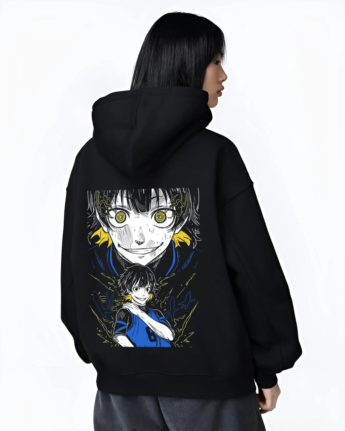 Black hoodie female model back view showing Meguru Bachira from Blue Lock: Blue Lock portrait collage