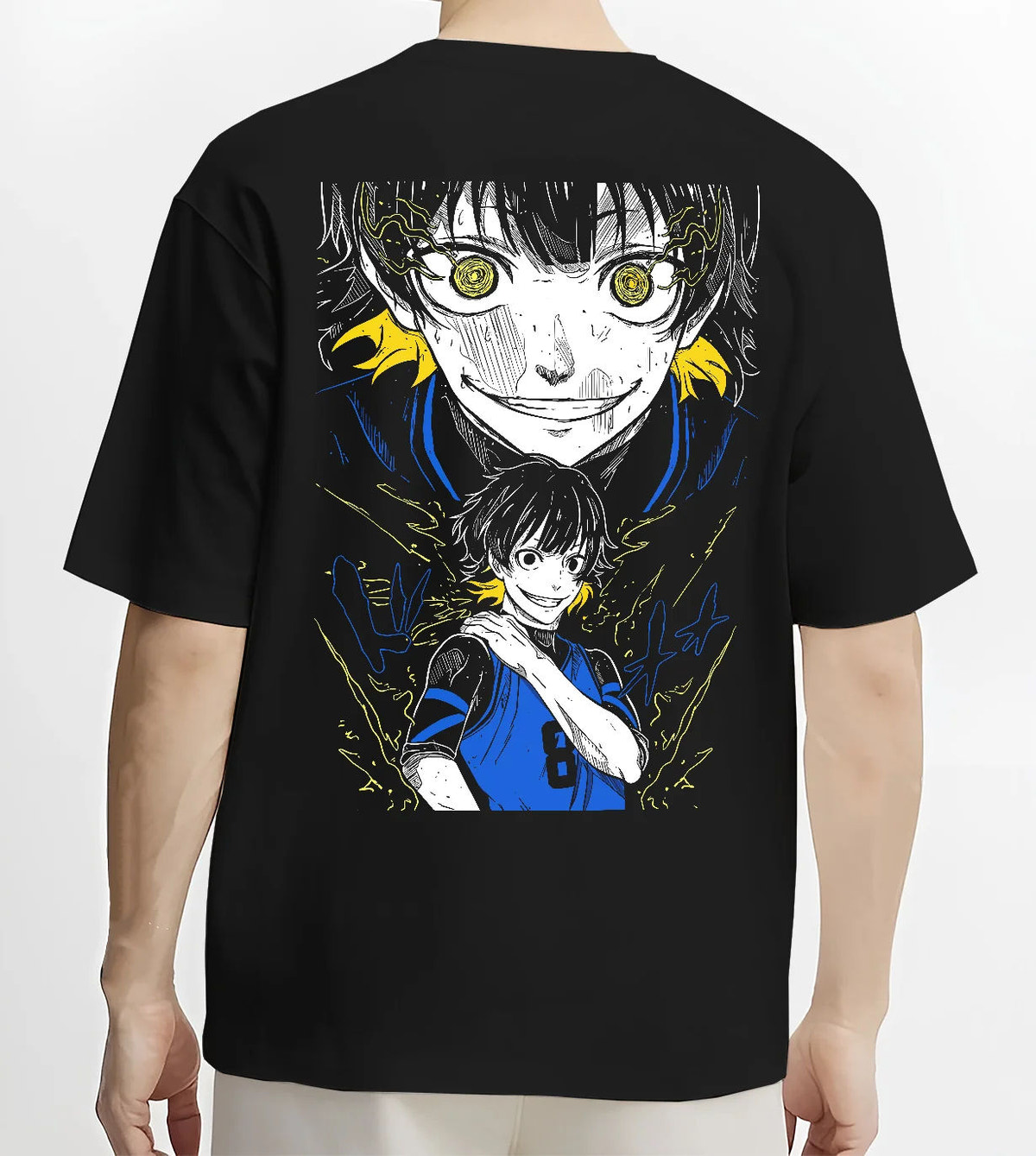 Black T-shirt model back view showing Meguru Bachira from Blue Lock: Blue Lock portrait collage