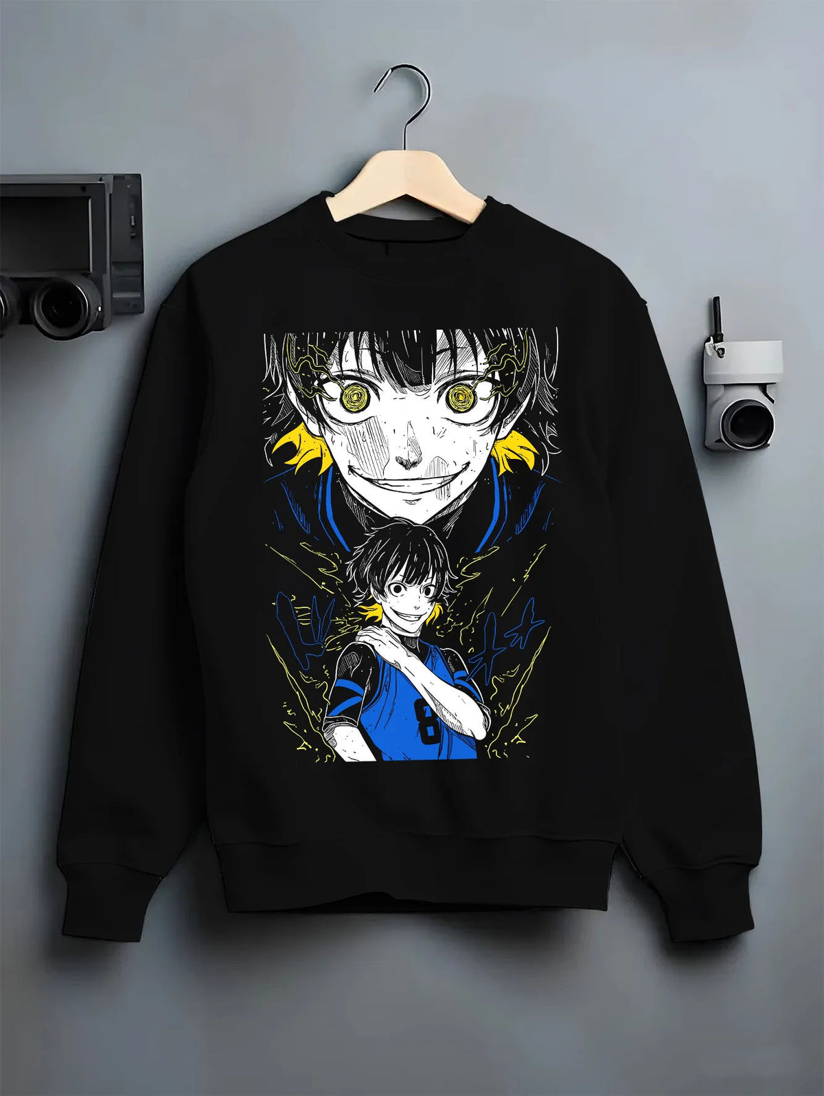 Black crewneck sweatshirt on hanger showing Meguru Bachira from Blue Lock: Blue Lock portrait collage