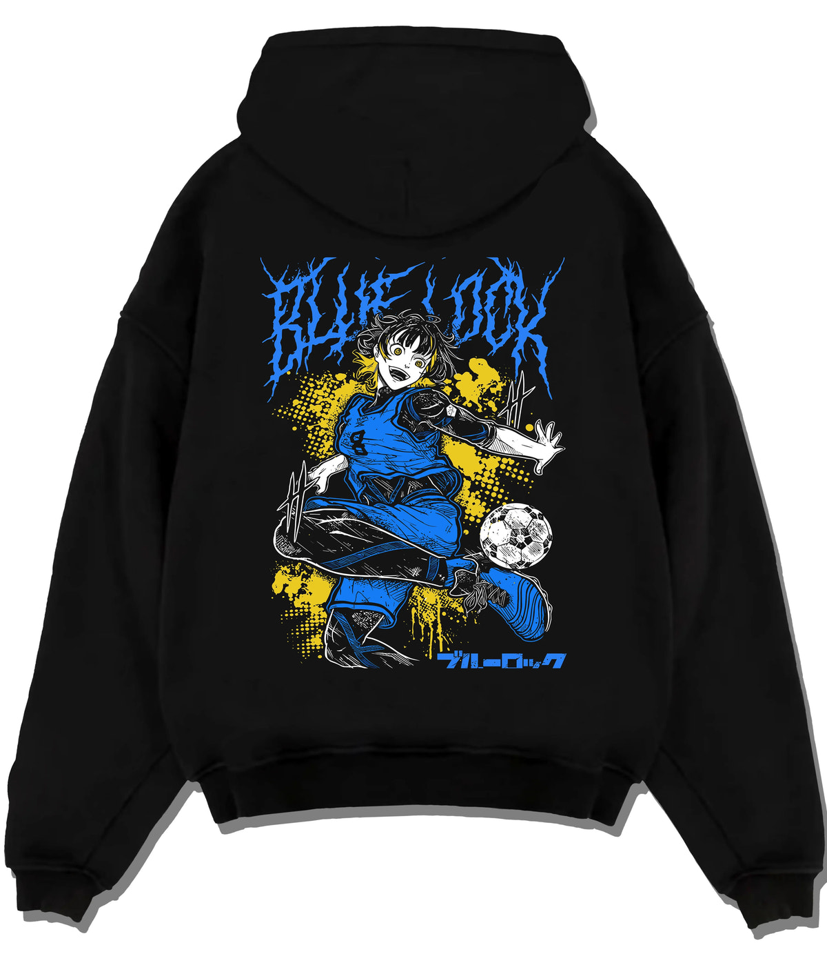 Black hoodie flat back view showing Meguru Bachira from Blue Lock: football action pose