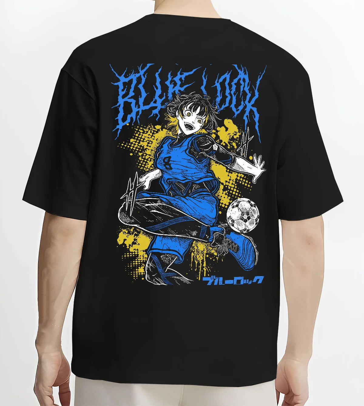 Black T-shirt model back view showing Meguru Bachira from Blue Lock: football action pose