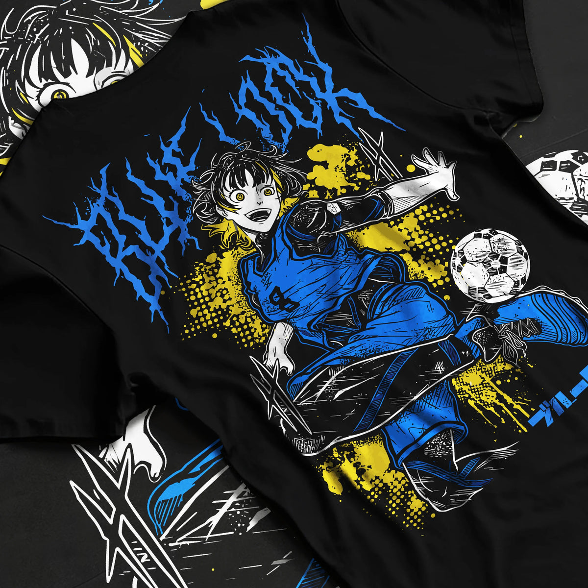 Black T-shirt flat back view showing Meguru Bachira from Blue Lock: football action pose