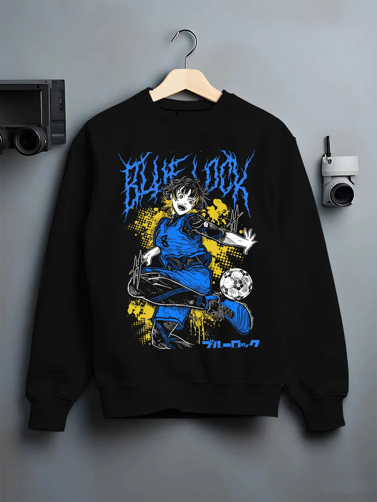 Black crewneck sweatshirt on hanger showing Meguru Bachira from Blue Lock: football action pose