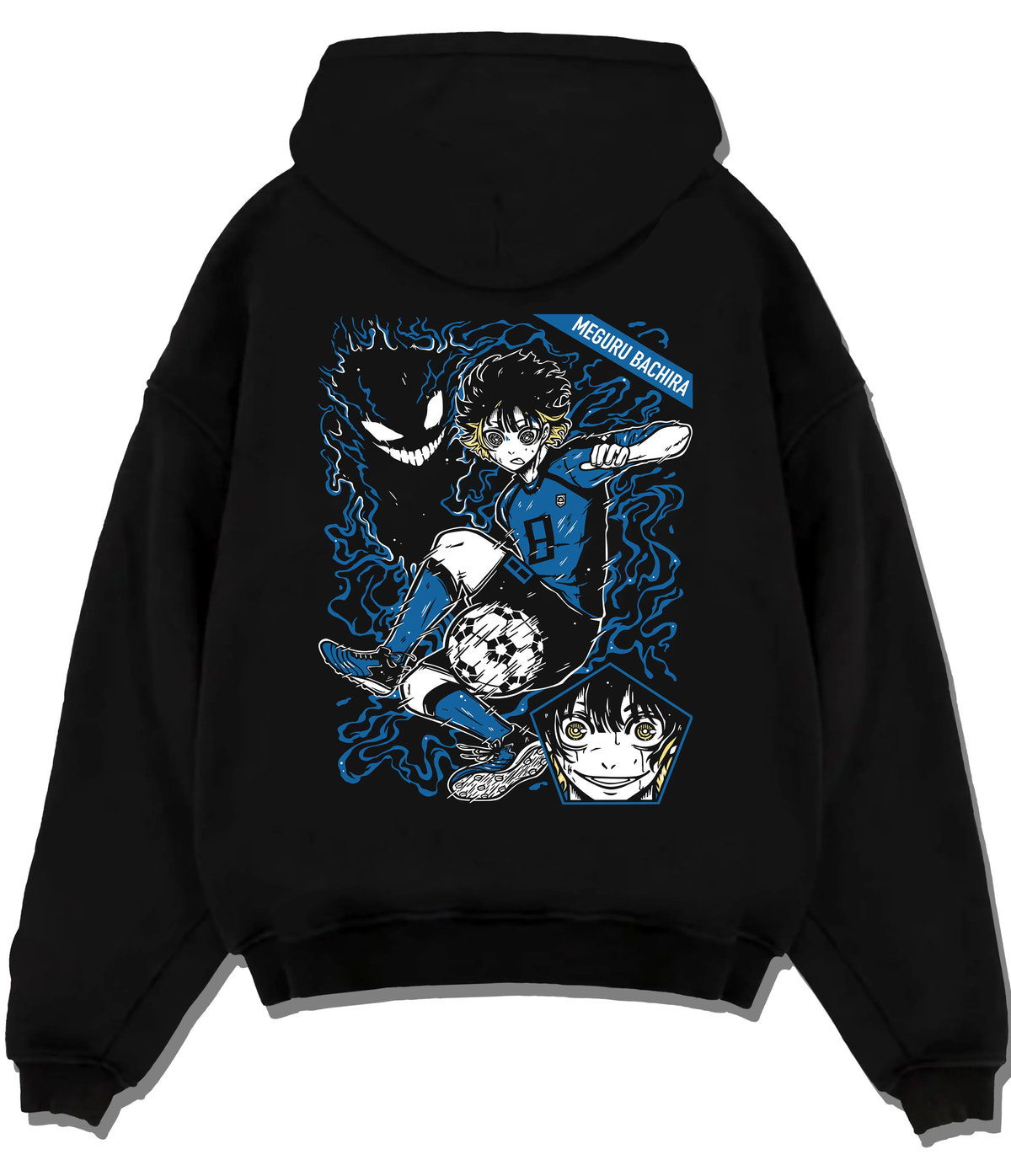 Black hoodie flat back view showing Meguru Bachira from Blue Lock: soccer player and aura composition