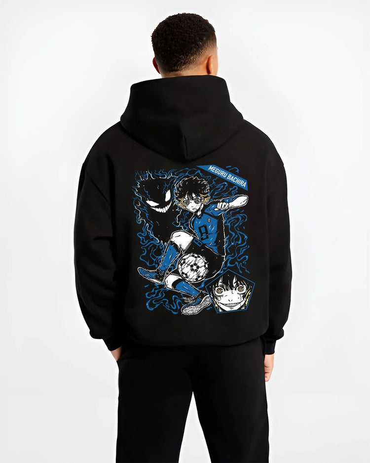 Black hoodie model back view showing Meguru Bachira from Blue Lock: soccer player and aura composition