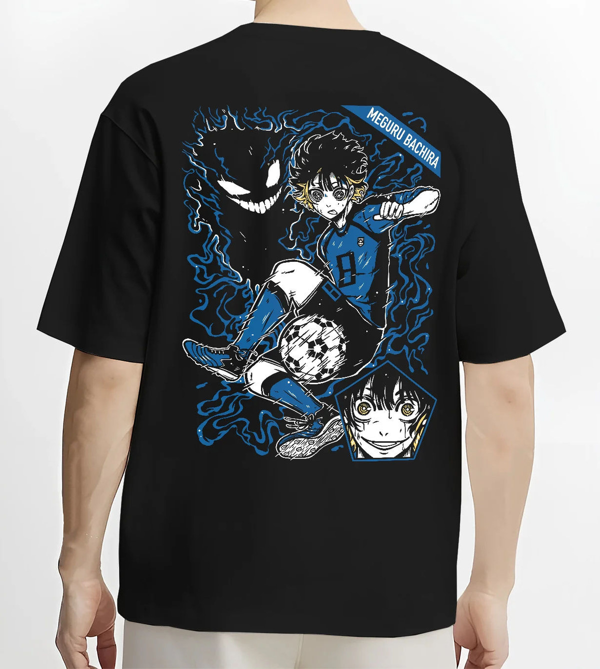 Black T-shirt model back view showing Meguru Bachira from Blue Lock: soccer player and aura composition