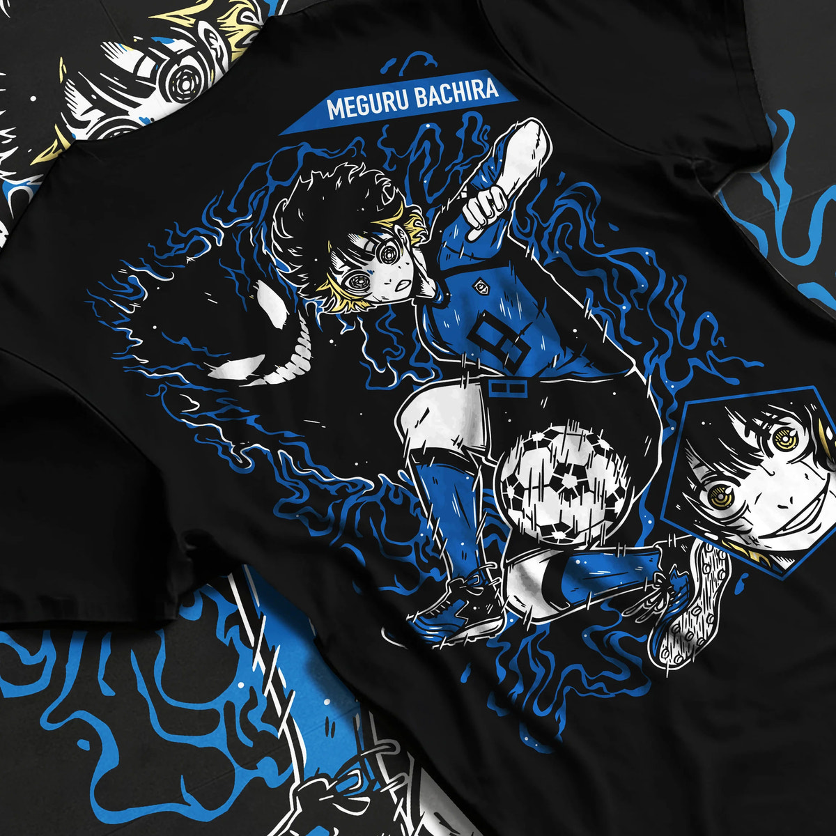 Black T-shirt flat back view showing Meguru Bachira from Blue Lock: soccer player and aura composition
