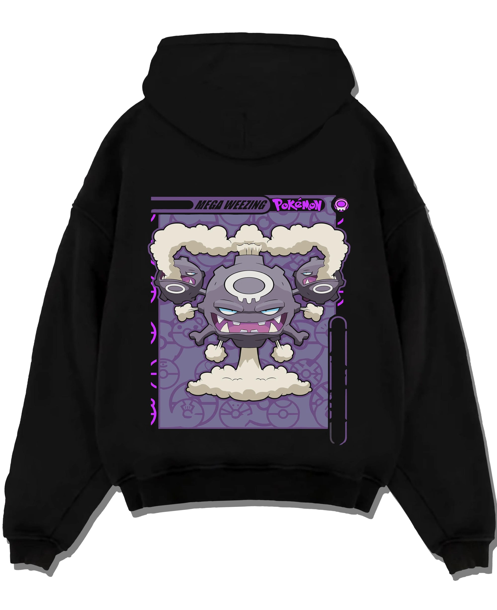 Black pullover hoodie laid flat with Weezing Hoodie Pokémon Mega Evolution Card graphic versatile unisex fit.