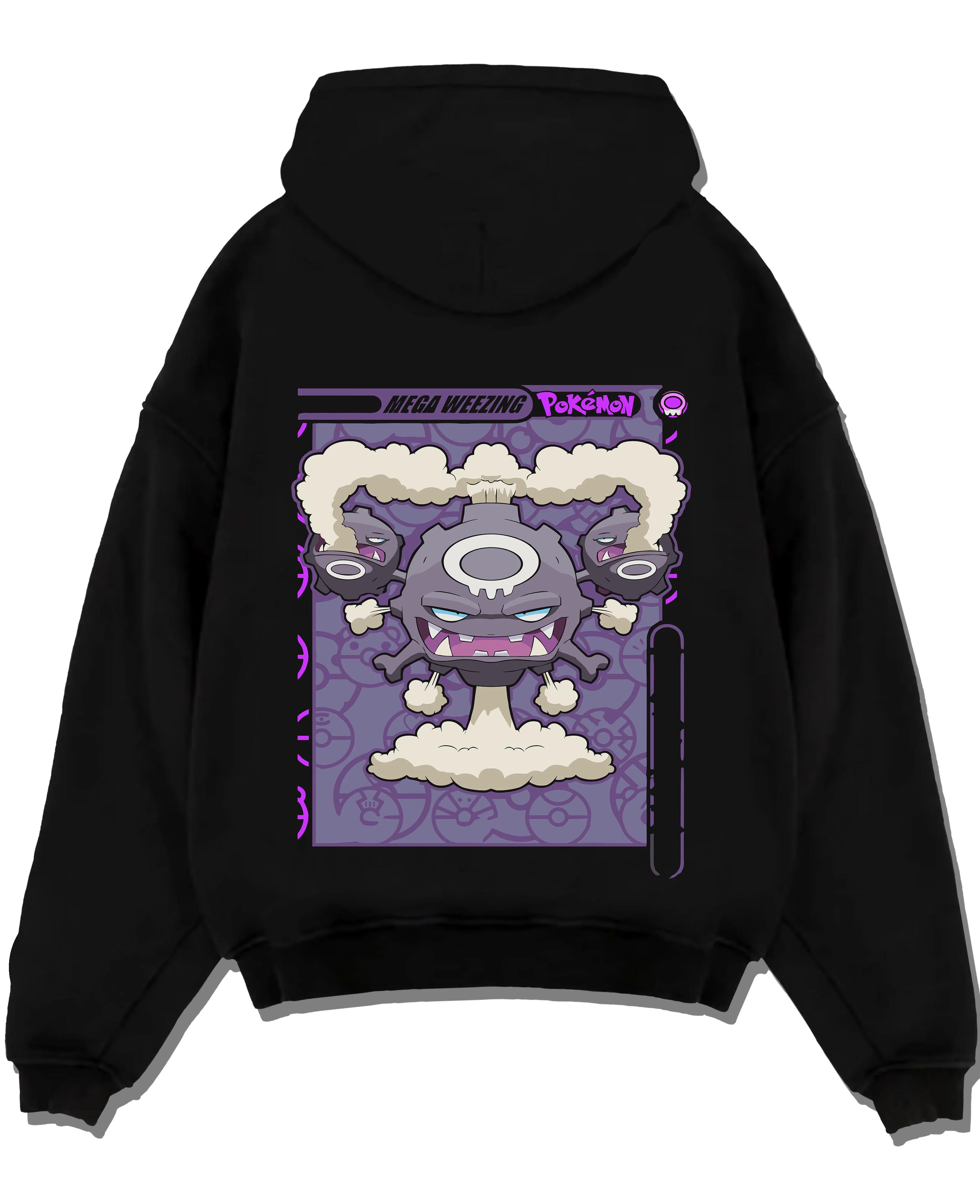 Black pullover hoodie laid flat with Weezing Hoodie Pokémon Mega Evolution Card graphic versatile unisex fit.
