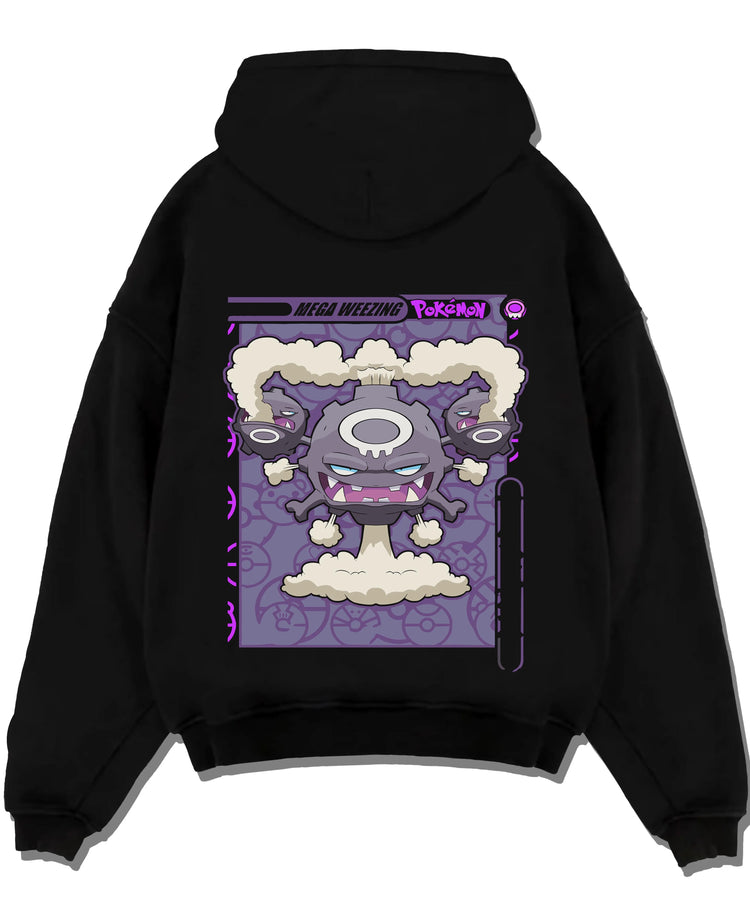 Black pullover hoodie laid flat with Weezing Hoodie Pokémon Mega Evolution Card graphic versatile unisex fit.