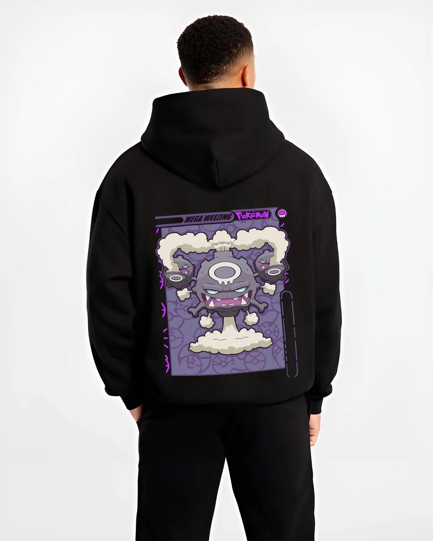 Black hoodie worn by male model, back view with Weezing Hoodie Pokémon Mega Evolution Card graphic streetwear graphic.
