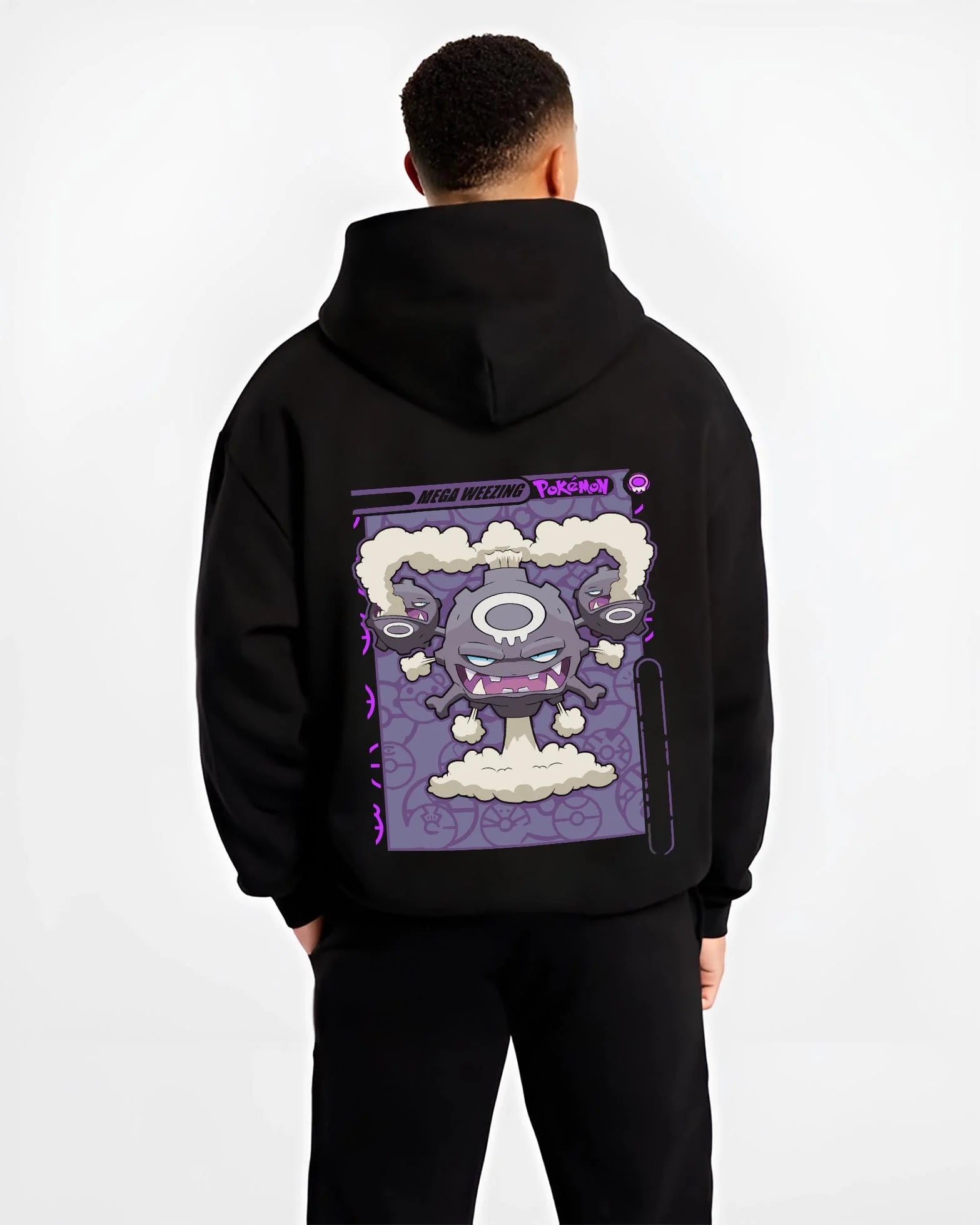 Black hoodie worn by male model, back view with Weezing Hoodie Pokémon Mega Evolution Card graphic streetwear graphic.