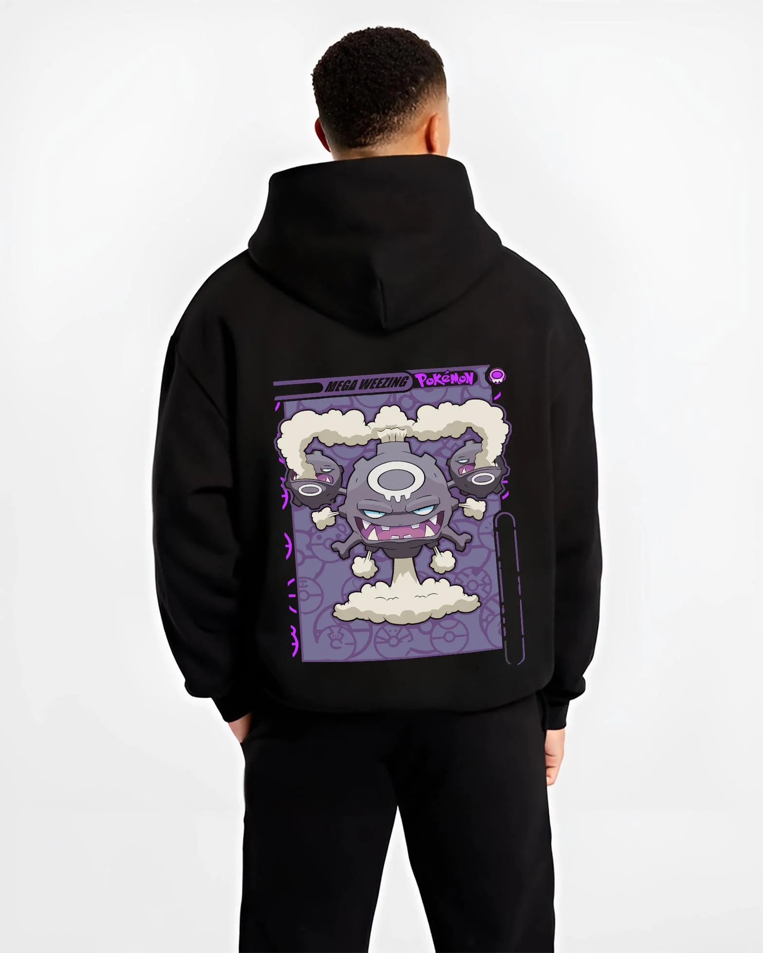 Black hoodie worn by male model, back view with Weezing Hoodie Pokémon Mega Evolution Card graphic streetwear graphic.