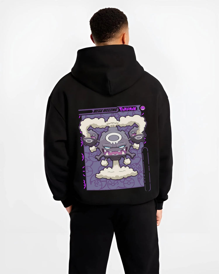 Black hoodie worn by male model, back view with Weezing Hoodie Pokémon Mega Evolution Card graphic streetwear graphic.