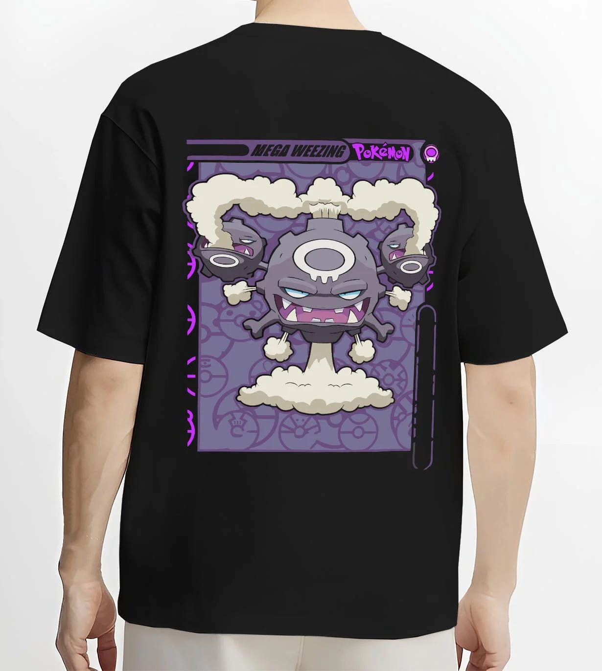 Black T-shirt worn by male model, back view with Weezing Hoodie Pokémon Mega Evolution Card graphic premium wear.