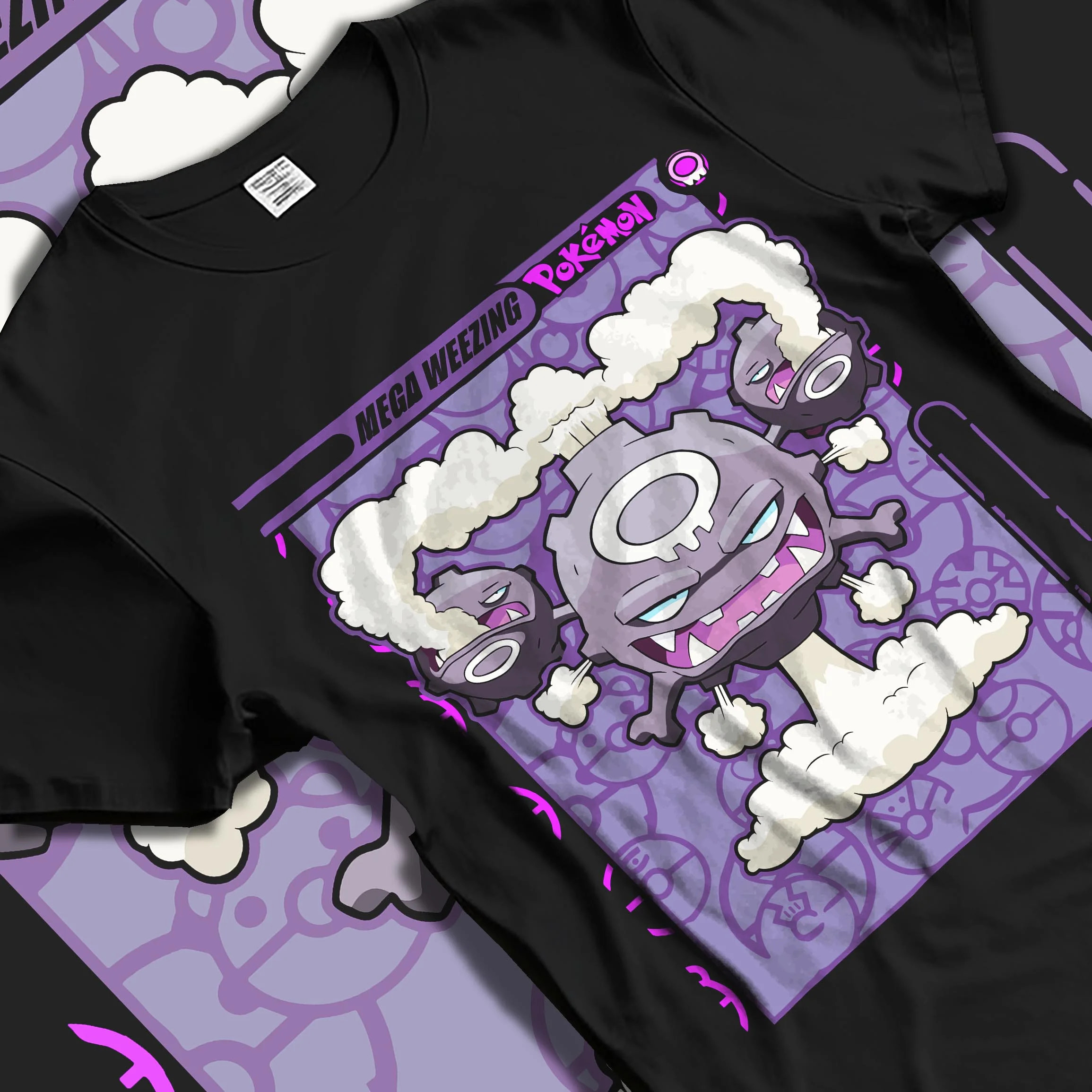 Black T-shirt laid flat with natural folds with Weezing Hoodie Pokémon Mega Evolution Card graphic streetwear graphic.
