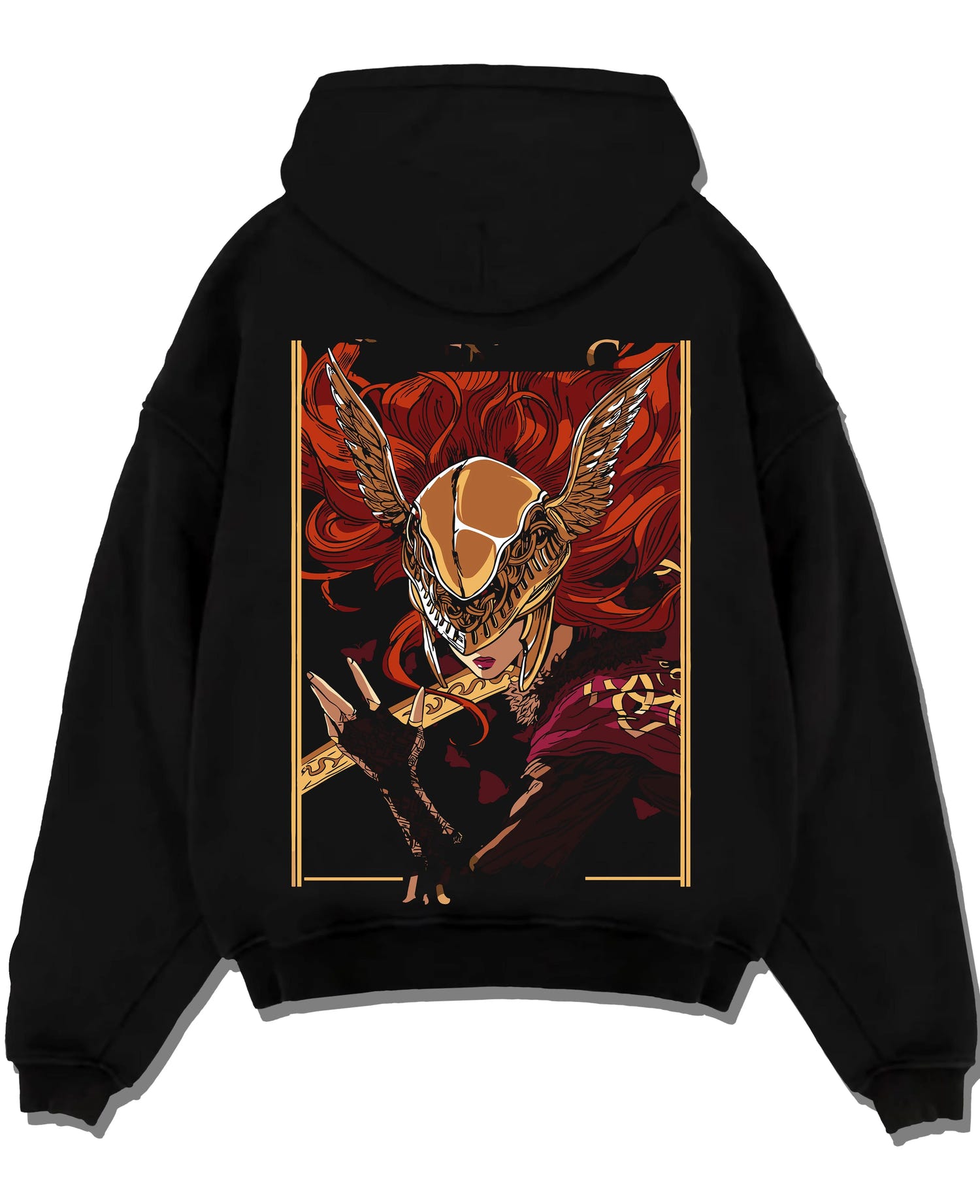 Black pullover hoodie laid flat with Melania Hoodie Elden Ring Blade of Miquella Boss graphic bold anime graphic.