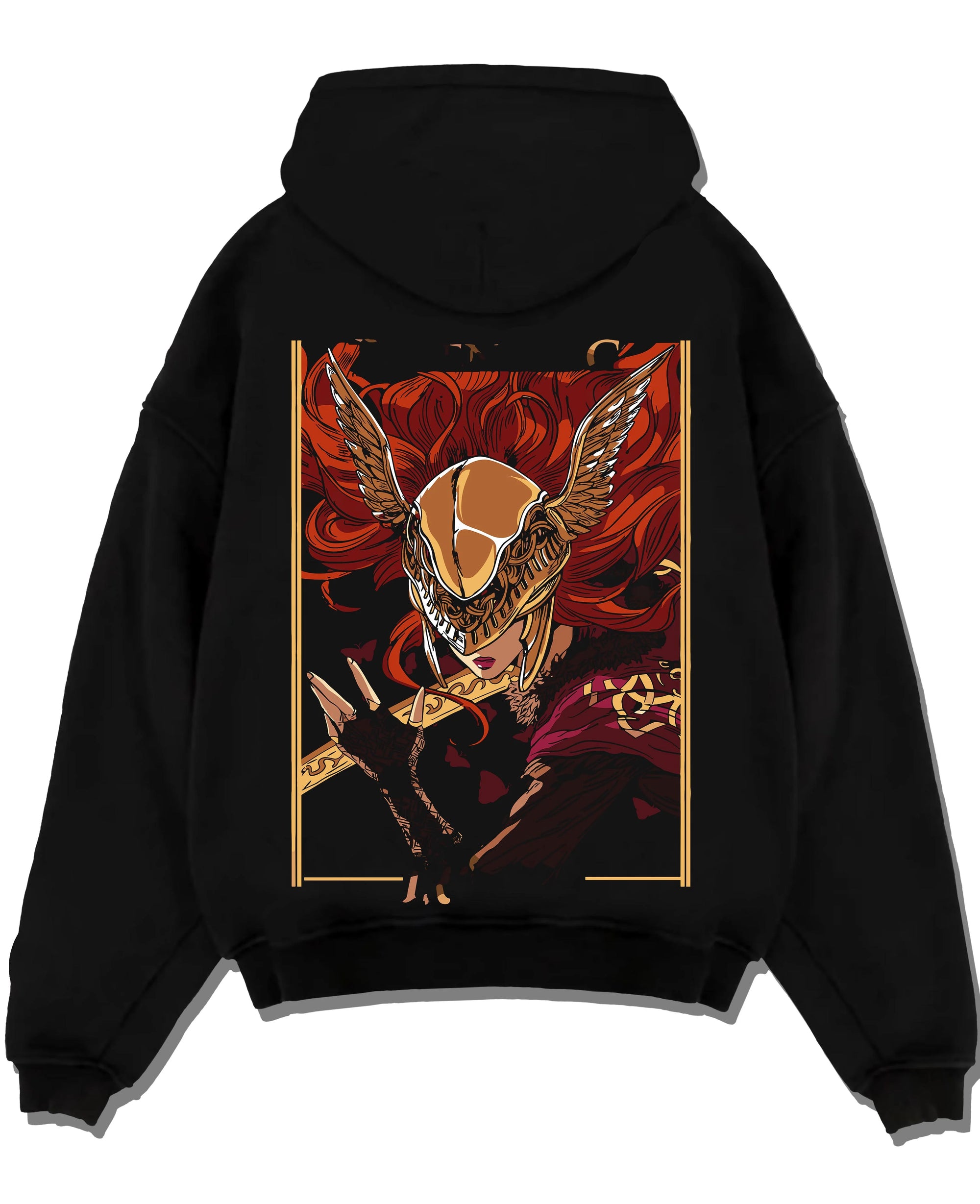 Black pullover hoodie laid flat with Melania Hoodie Elden Ring Blade of Miquella Boss graphic bold anime graphic.