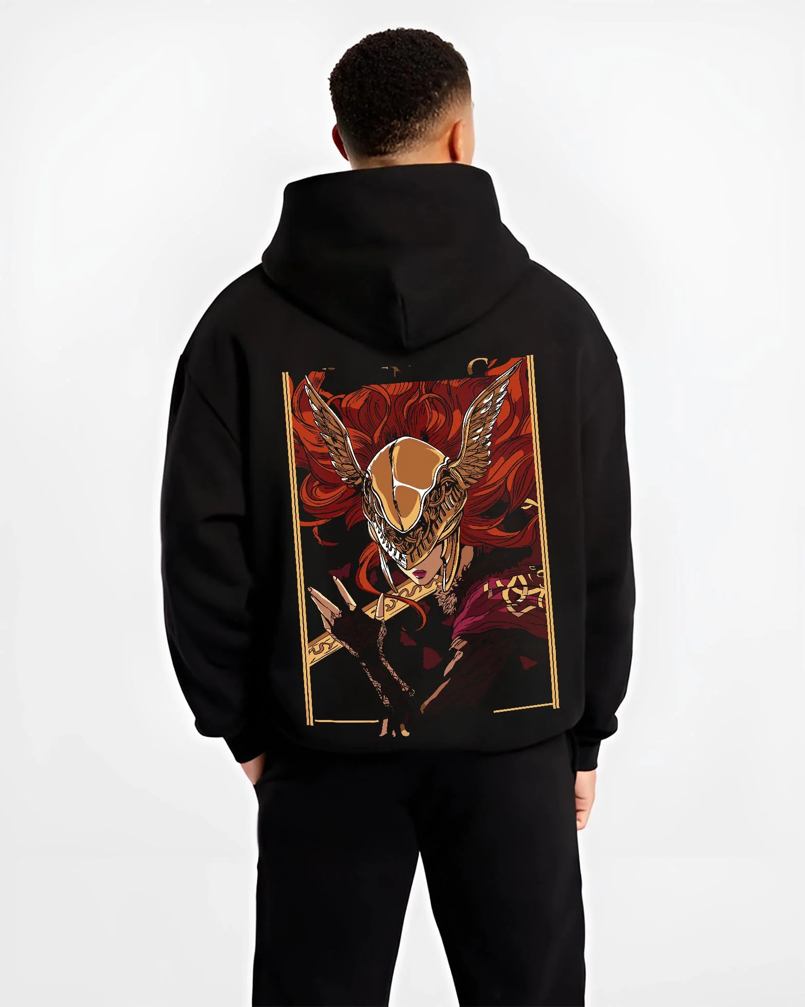 Black hoodie worn by male model, back view with Melania Hoodie Elden Ring Blade of Miquella Boss graphic bold anime graphic.
