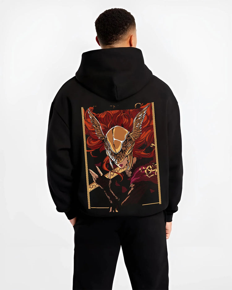 Black hoodie worn by male model, back view with Melania Hoodie Elden Ring Blade of Miquella Boss graphic bold anime graphic.