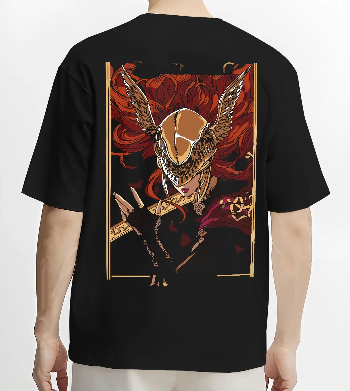 Black T-shirt worn by male model, back view with Melania Hoodie Elden Ring Blade of Miquella Boss graphic bold anime graphic.