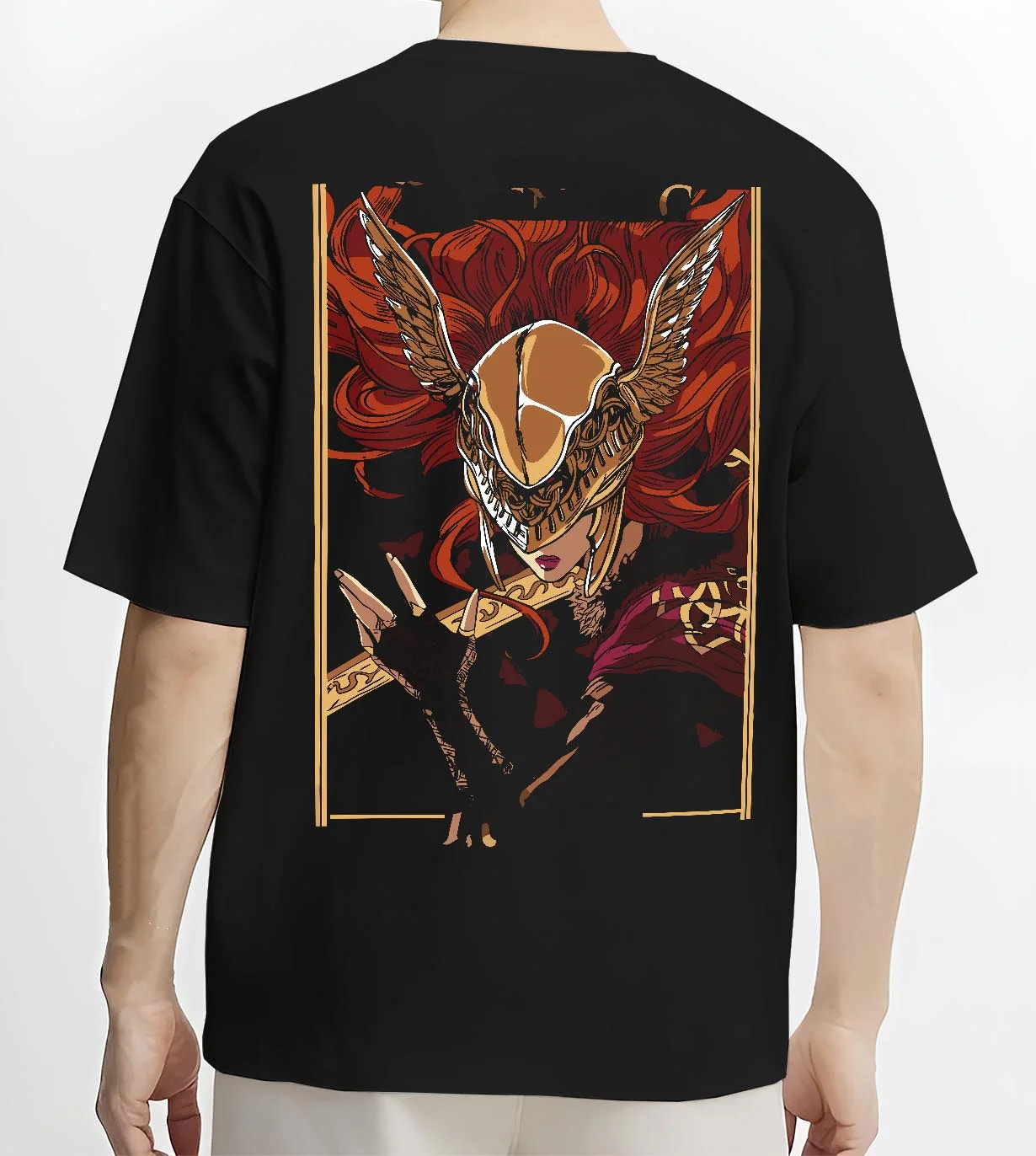 Black T-shirt worn by male model, back view with Melania Hoodie Elden Ring Blade of Miquella Boss graphic bold anime graphic.