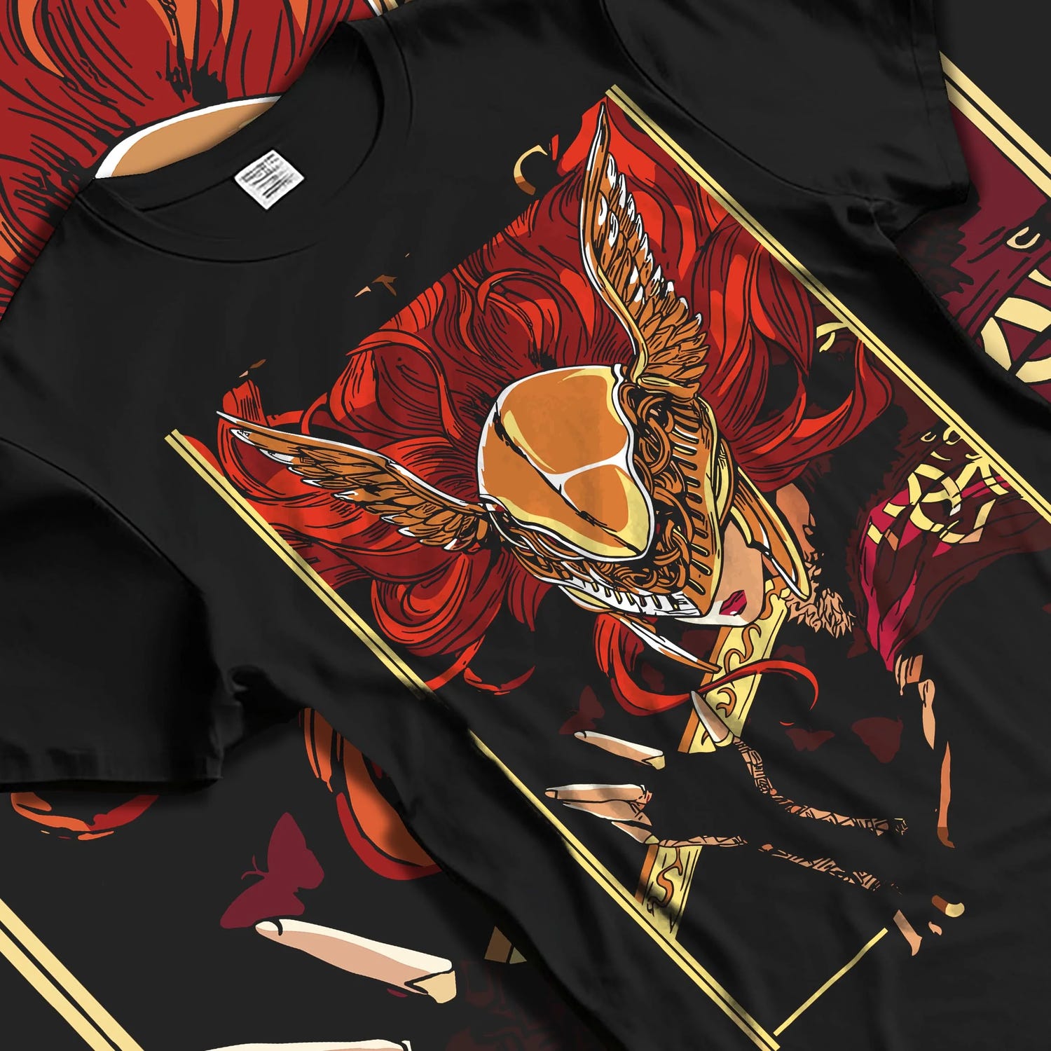 Black T-shirt laid flat with natural folds with Melania Hoodie Elden Ring Blade of Miquella Boss graphic bold anime graphic.
