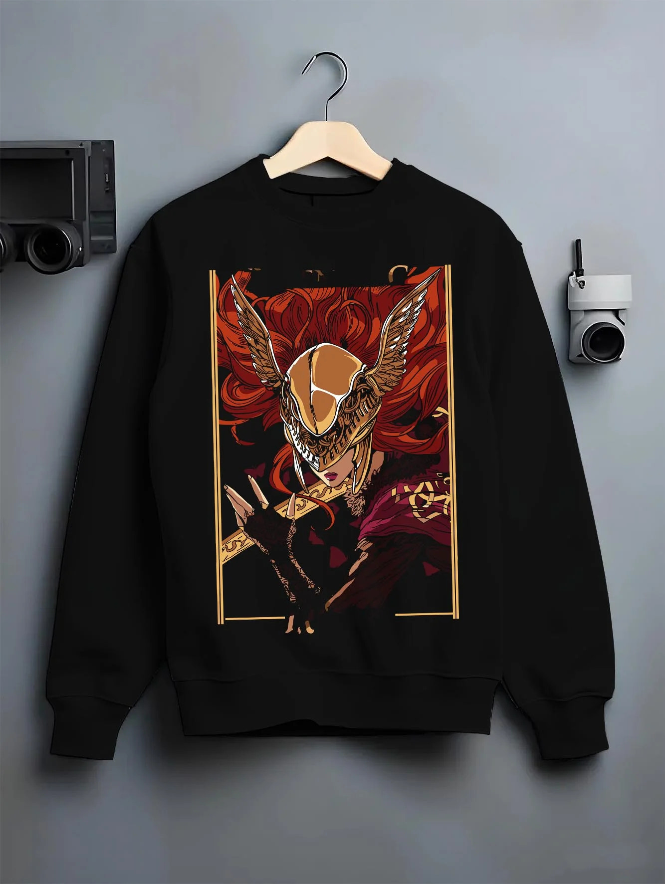 Black crewneck sweatshirt on hanger with Melania Hoodie Elden Ring Blade of Miquella Boss graphic bold anime graphic.