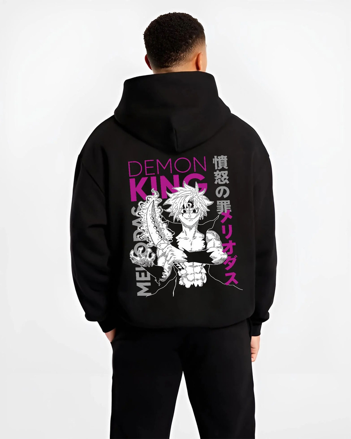 Black hoodie worn by male model from the back featuring Meliodas Demon King power artwork.