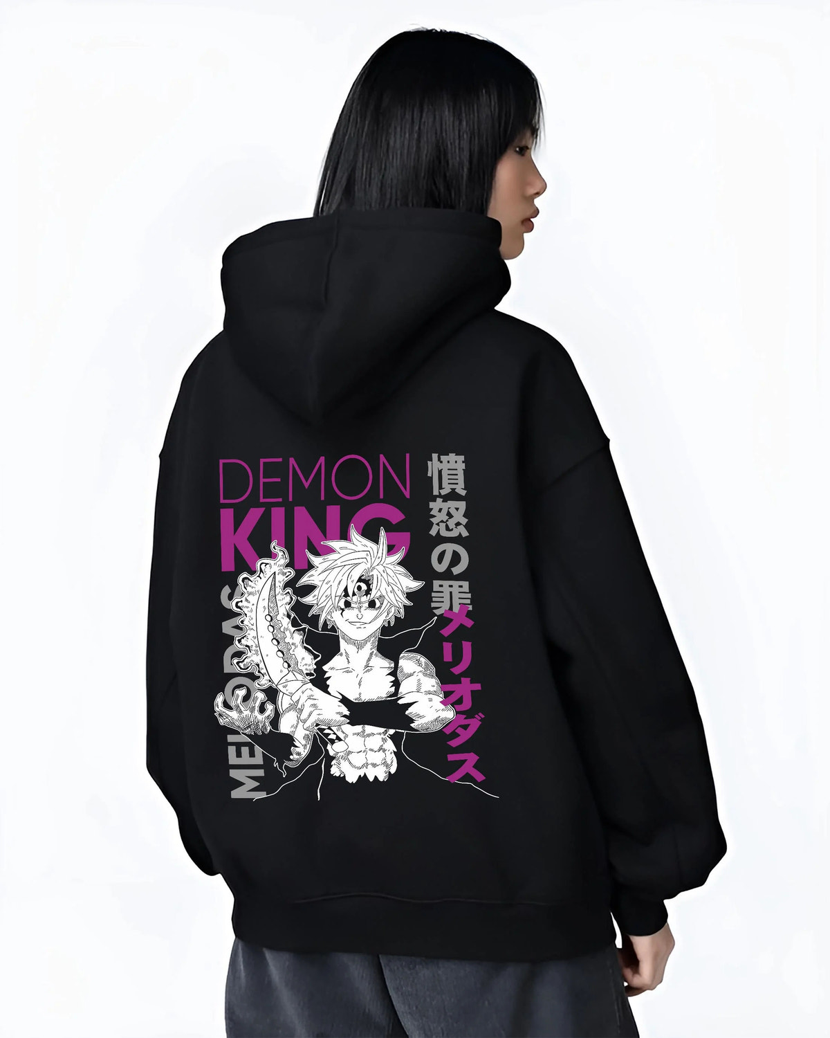 Black hoodie worn by female model from the back featuring Meliodas Demon King power artwork.