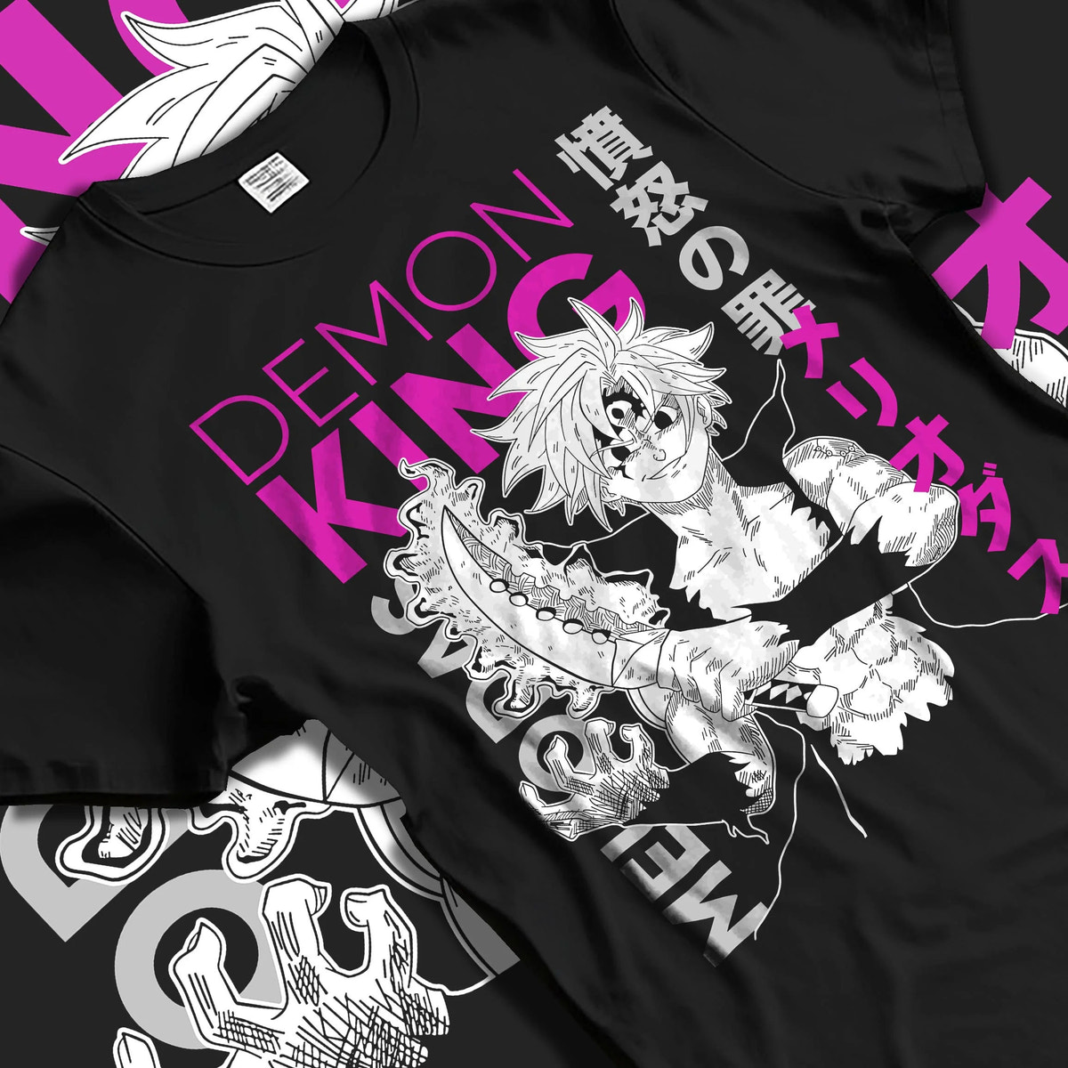 Black T-shirt laid flat with natural folds featuring Meliodas Demon King power artwork.